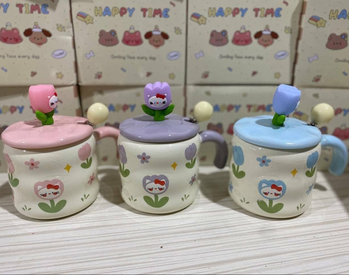Ensemble de 3 Mugs Kawaii Tulipe et Chat – Tasses Céramique avec Couvercles 3D et Cuillères