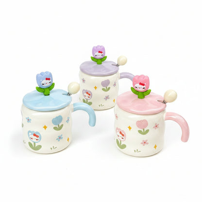 Ensemble de 3 Mugs Kawaii Tulipe et Chat – Tasses Céramique avec Couvercles 3D et Cuillères