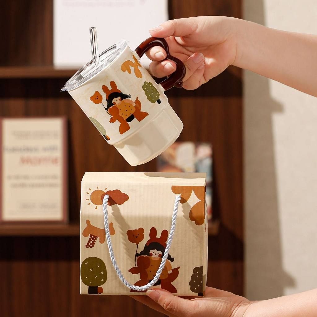 Ensemble de Mugs Kawaii avec Paille et Couvercle – Tasses en Céramique avec Poignée Wave