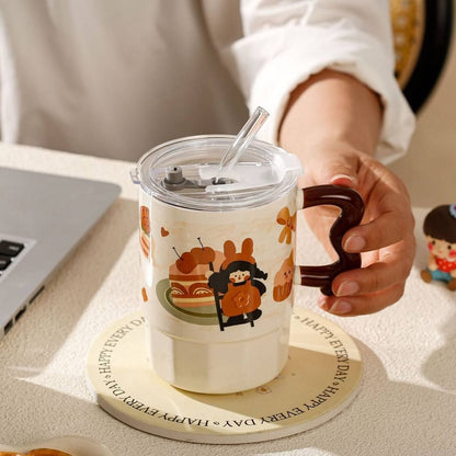 Ensemble de Mugs Kawaii avec Paille et Couvercle – Tasses en Céramique avec Poignée Wave