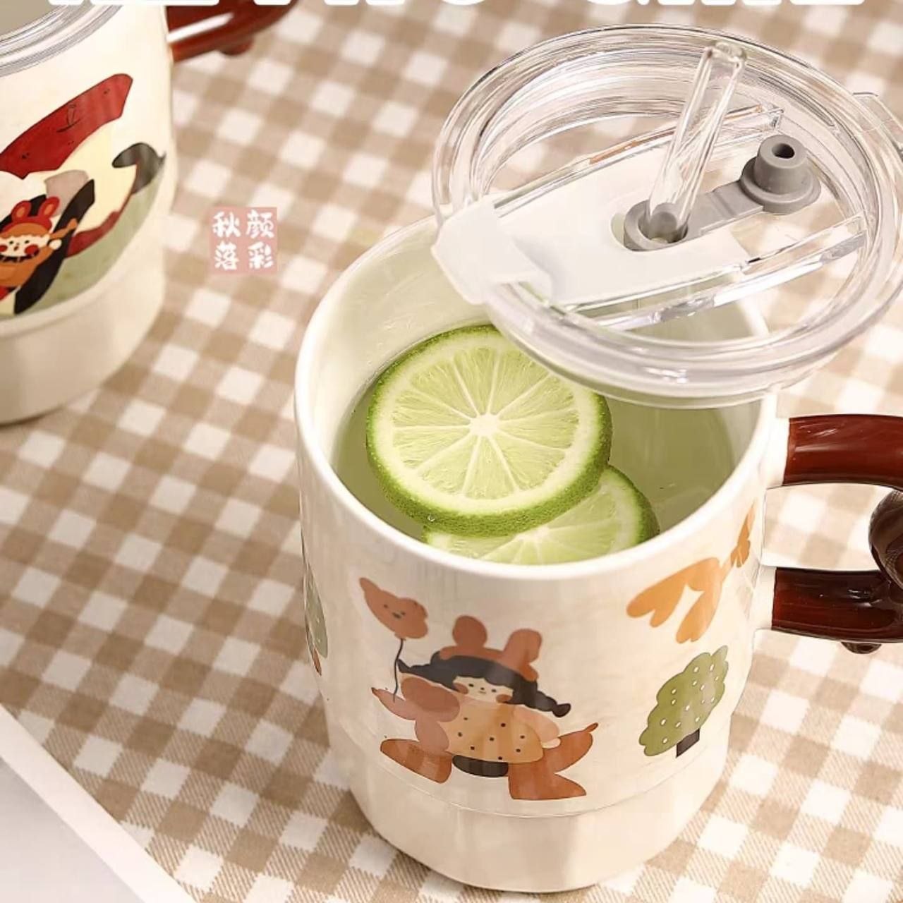 Ensemble de Mugs Kawaii avec Paille et Couvercle – Tasses en Céramique avec Poignée Wave