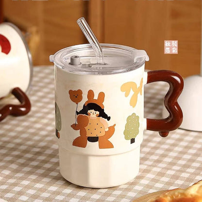 Ensemble de Mugs Kawaii avec Paille et Couvercle – Tasses en Céramique avec Poignée Wave