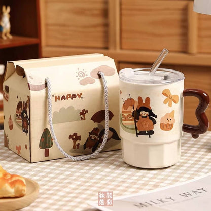 Ensemble de Mugs Kawaii avec Paille et Couvercle – Tasses en Céramique avec Poignée Wave