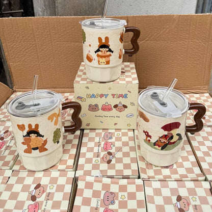Ensemble de Mugs Kawaii avec Paille et Couvercle – Tasses en Céramique avec Poignée Wave