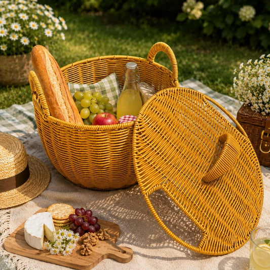 Panier de Pique-Nique Rond en Rotin Tressé – Corbeille Champêtre avec Couvercle