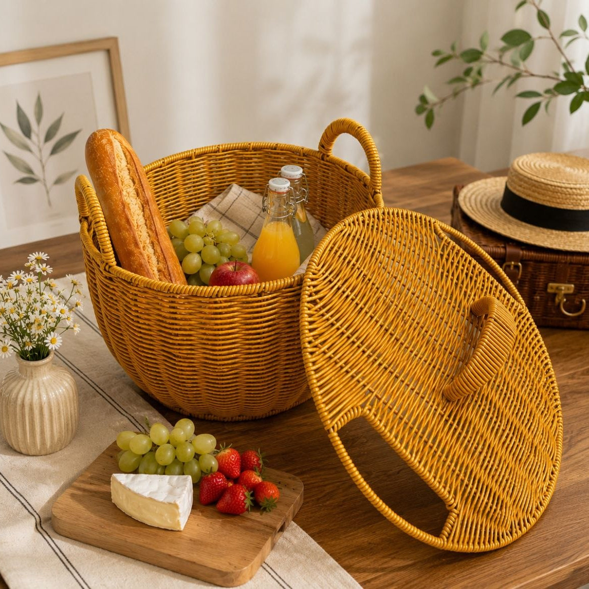 Panier de Pique-Nique Rond en Rotin Tressé – Corbeille Champêtre avec Couvercle