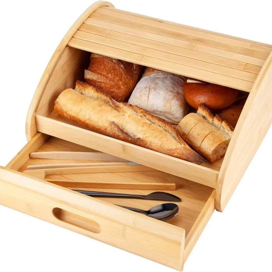 Boîte à Pain en Bambou Double Niveau – Huche à Pain avec Tiroir à Couverts