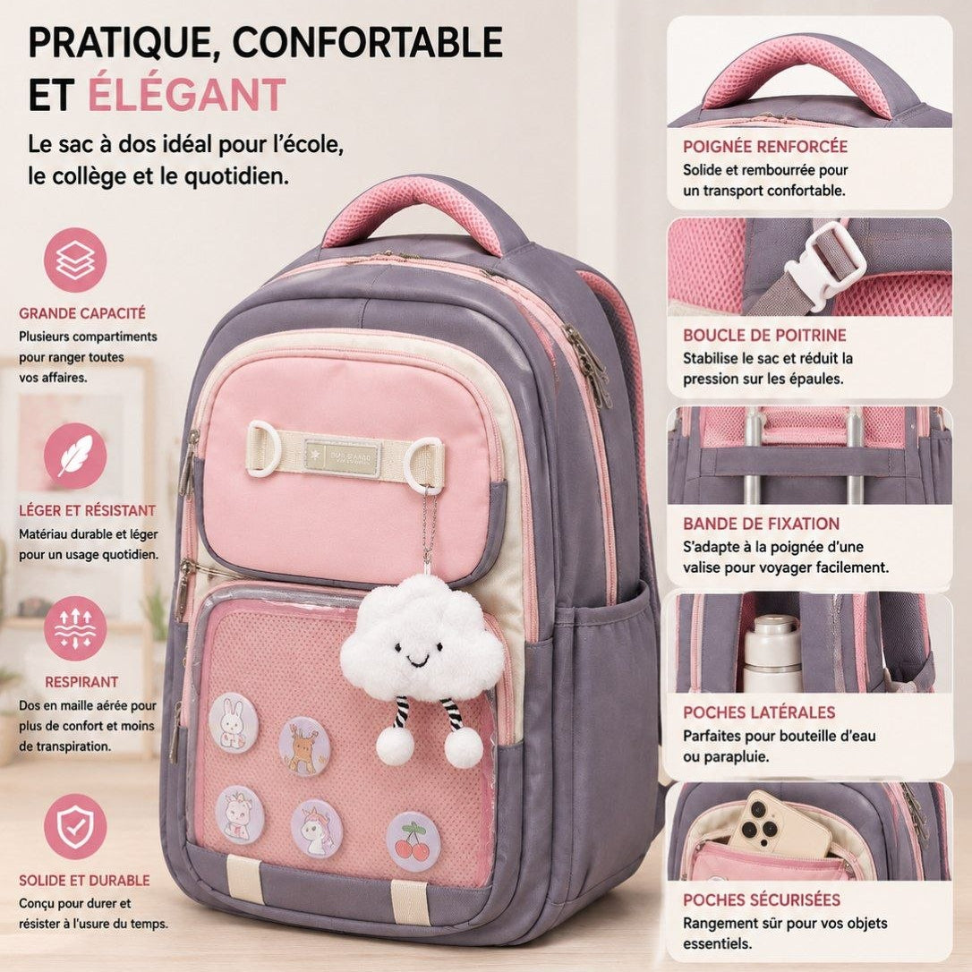 Sac à Dos Scolaire Multi-Poches avec Fenêtre Transparente – Cartable Ergonomique Style Kawaii (Médical)