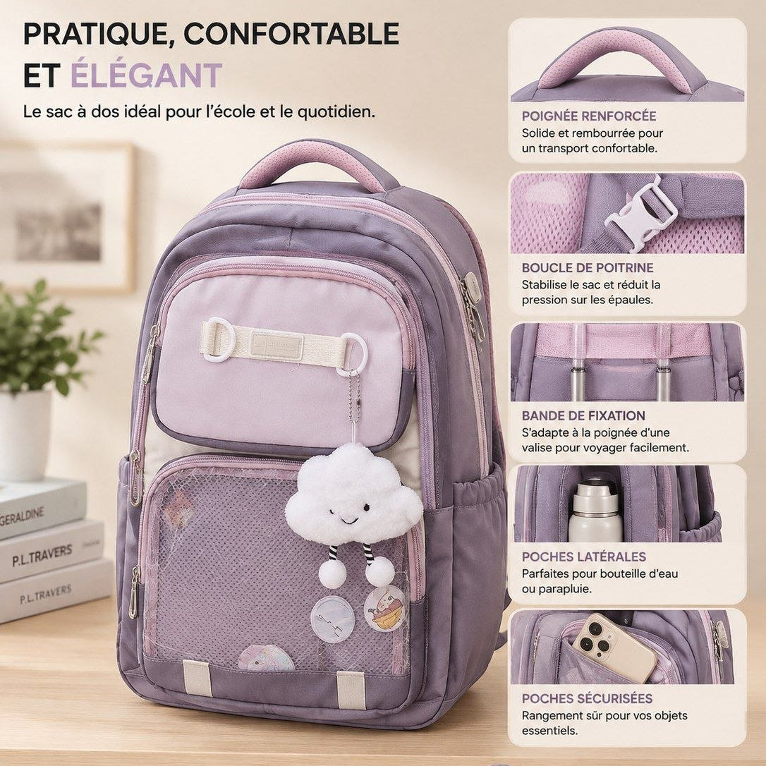 Sac à Dos Scolaire Multi-Poches avec Fenêtre Transparente – Cartable Ergonomique Style Kawaii (Médical)