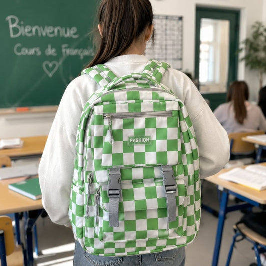 Sac à Dos Scolaire à Damiers – Cartable Ergonomique Style Urbain et Rétro