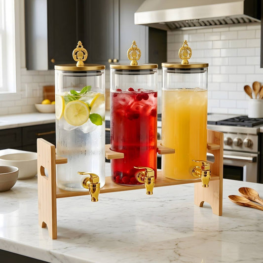 Distributeur de Boissons Triple en Verre – Socle en Bambou & Robinets Dorés