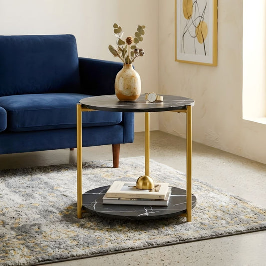 Table d'Appoint Ronde Effet Marbre Noir – Bout de Canapé Luxe et Pieds Dorés