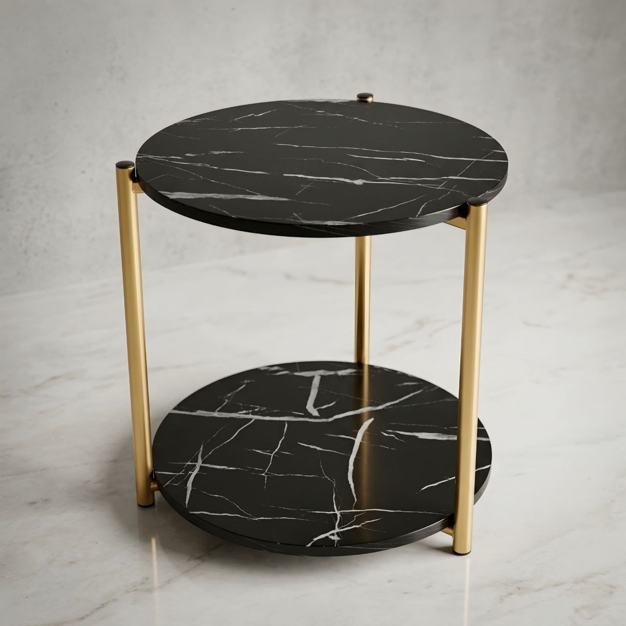 Table d'Appoint Ronde Effet Marbre Noir – Bout de Canapé Luxe et Pieds Dorés