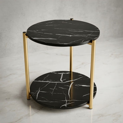 Table d'Appoint Ronde Effet Marbre Noir – Bout de Canapé Luxe et Pieds Dorés