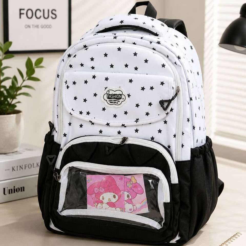 Sac à Dos Scolaire Étoiles et Poche Transparente – Cartable Ergonomique Style Kawaii