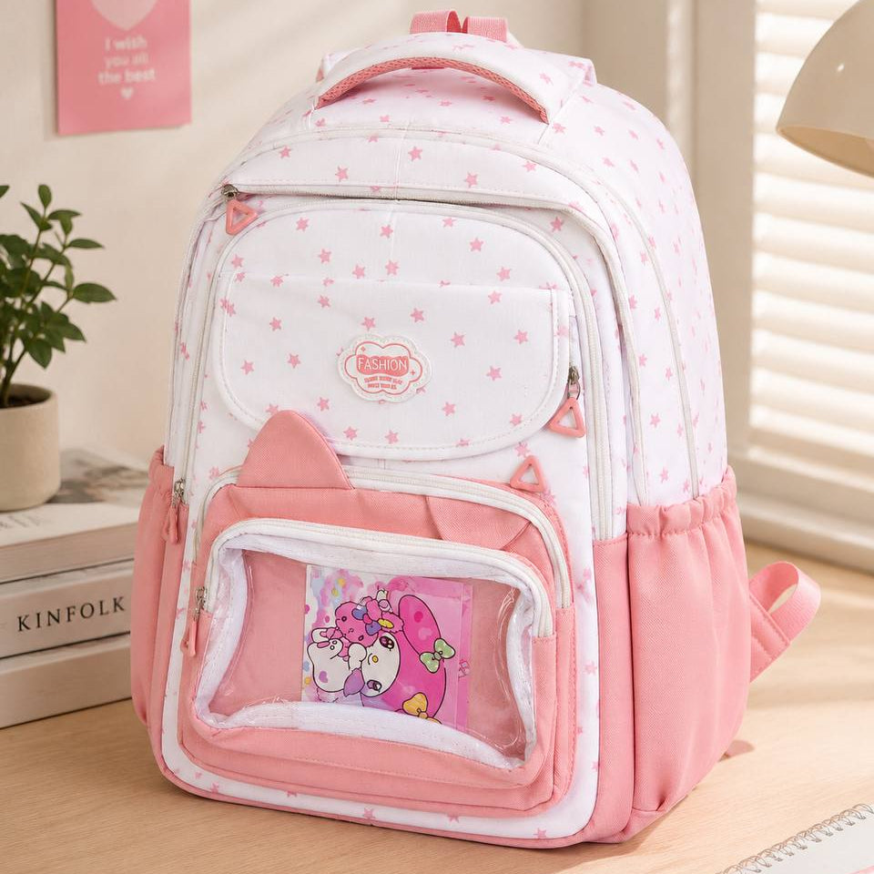 Sac à Dos Scolaire Étoiles et Poche Transparente – Cartable Ergonomique Style Kawaii