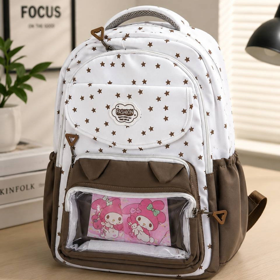 Sac à Dos Scolaire Étoiles et Poche Transparente – Cartable Ergonomique Style Kawaii