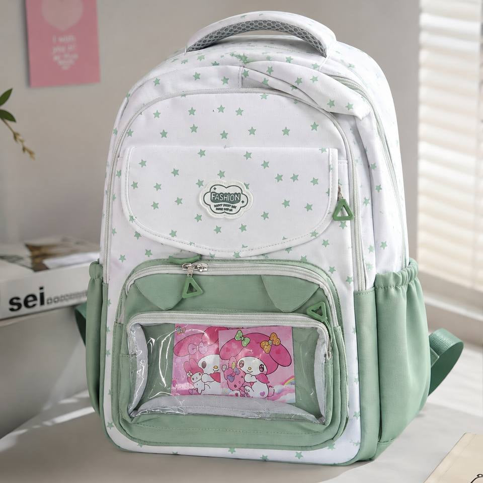Sac à Dos Scolaire Étoiles et Poche Transparente – Cartable Ergonomique Style Kawaii