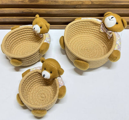 Ensemble de Paniers Ours Mignons en Corde Tressée (Lot de 3)
