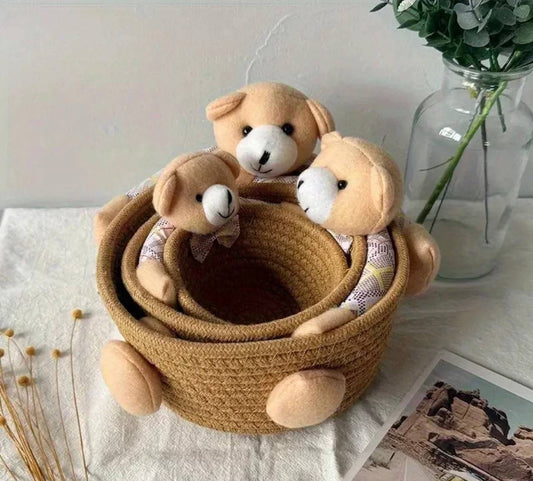 Ensemble de Paniers Ours Mignons en Corde Tressée (Lot de 3)