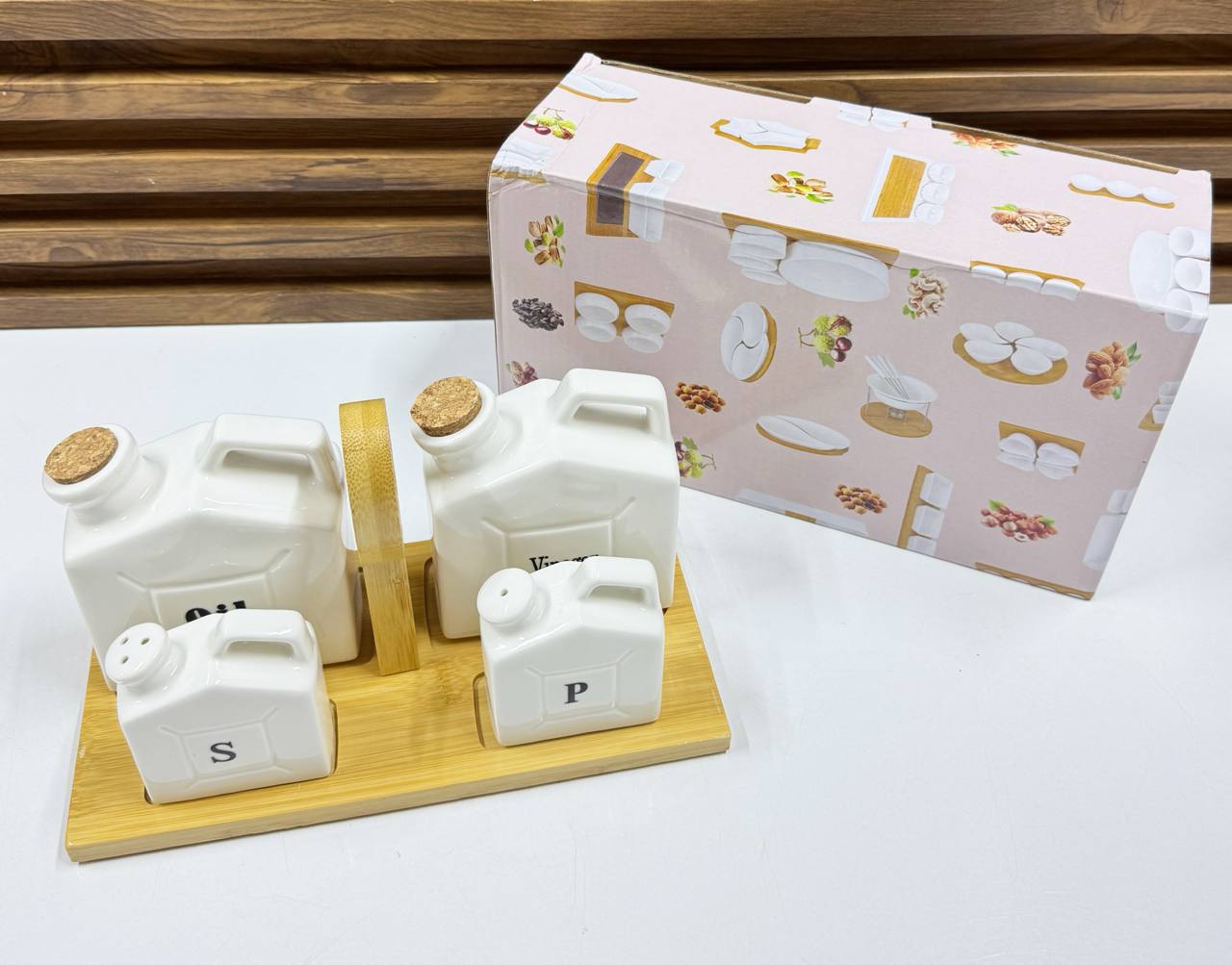 Ménagère de Table Moderne 4-en-1 – Céramique Blanche & Bambou Naturel