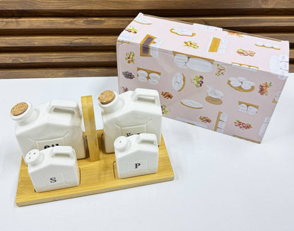 Ménagère de Table Moderne 4-en-1 – Céramique Blanche & Bambou Naturel
