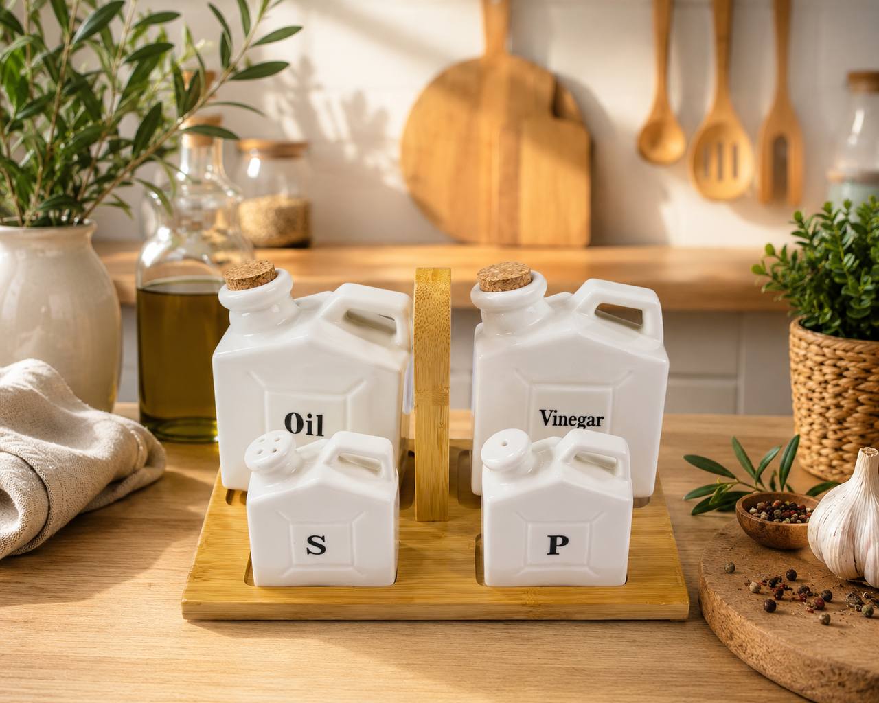 Ménagère de Table Moderne 4-en-1 – Céramique Blanche & Bambou Naturel
