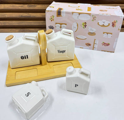 Ménagère de Table Moderne 4-en-1 – Céramique Blanche & Bambou Naturel