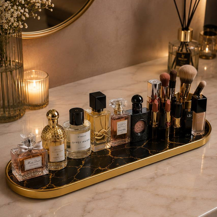 Plateau de Service Ovale Doré en Effet Marbre Noir