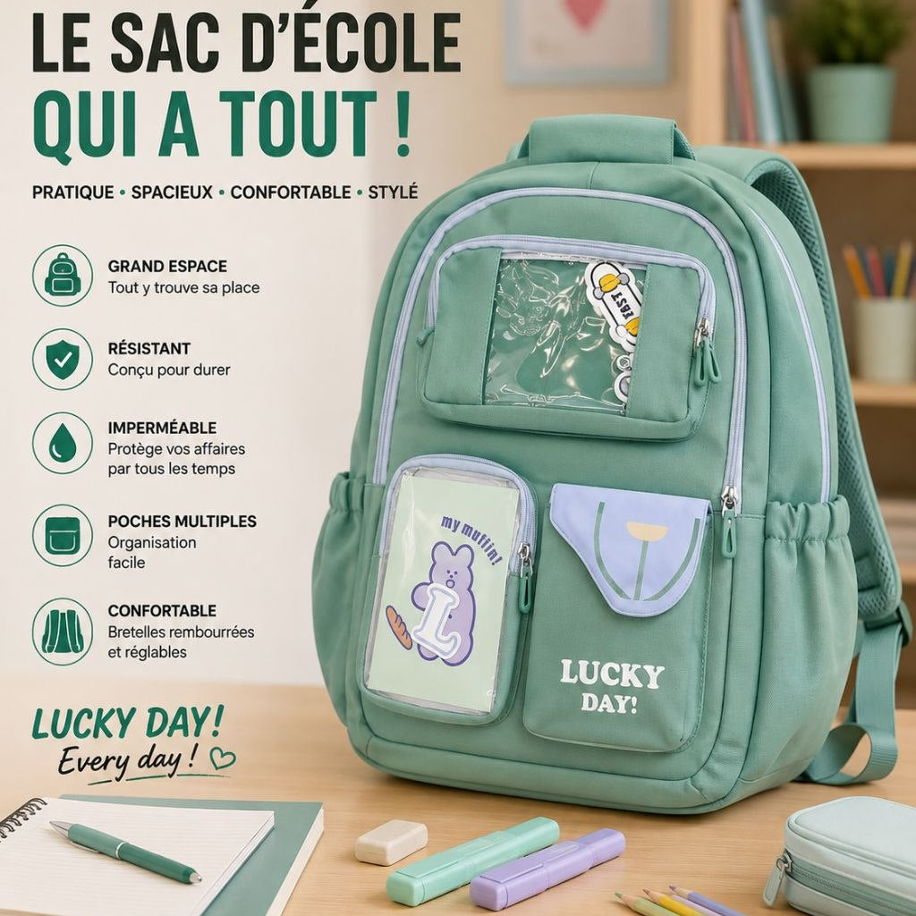 Sac à Dos Scolaire Lucky Day – Cartable Imperméable Grande Capacité Multi-Poches