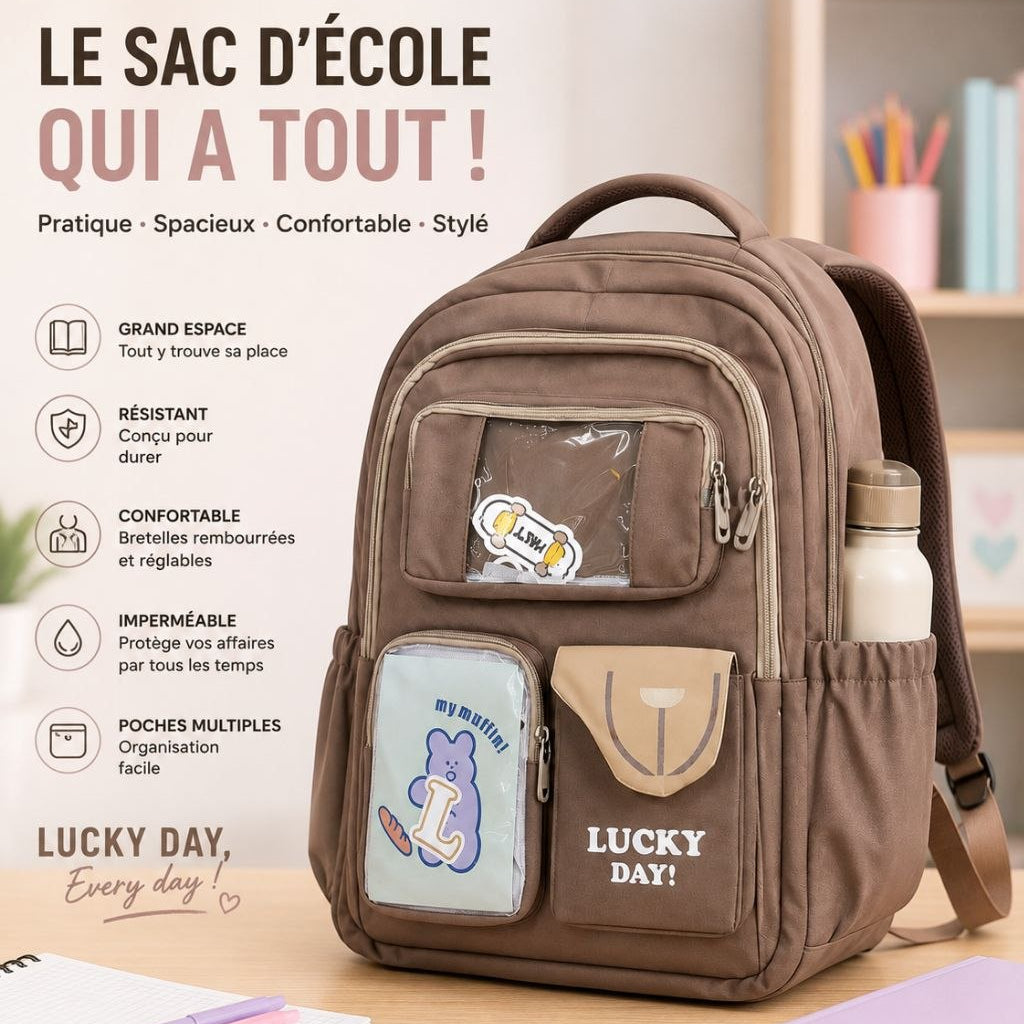 Sac à Dos Scolaire Lucky Day – Cartable Imperméable Grande Capacité Multi-Poches