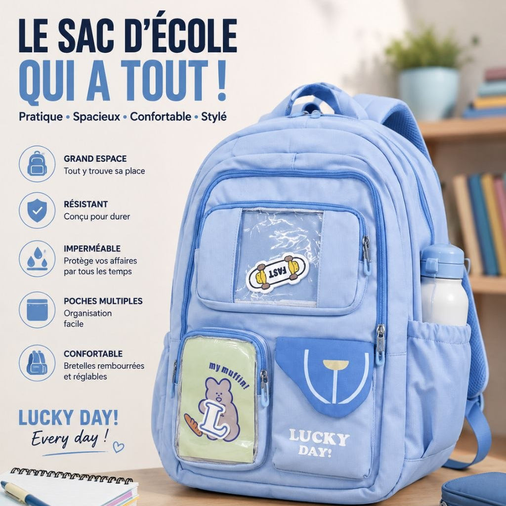 Sac à Dos Scolaire Lucky Day – Cartable Imperméable Grande Capacité Multi-Poches
