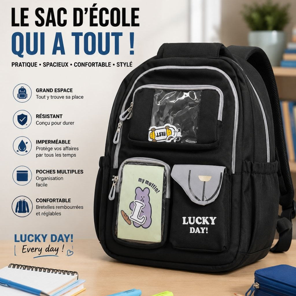 Sac à Dos Scolaire Lucky Day – Cartable Imperméable Grande Capacité Multi-Poches