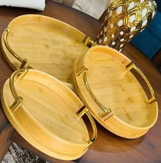 Lot de 3 Plateaux Ronds en Bambou avec Poignées Dorées