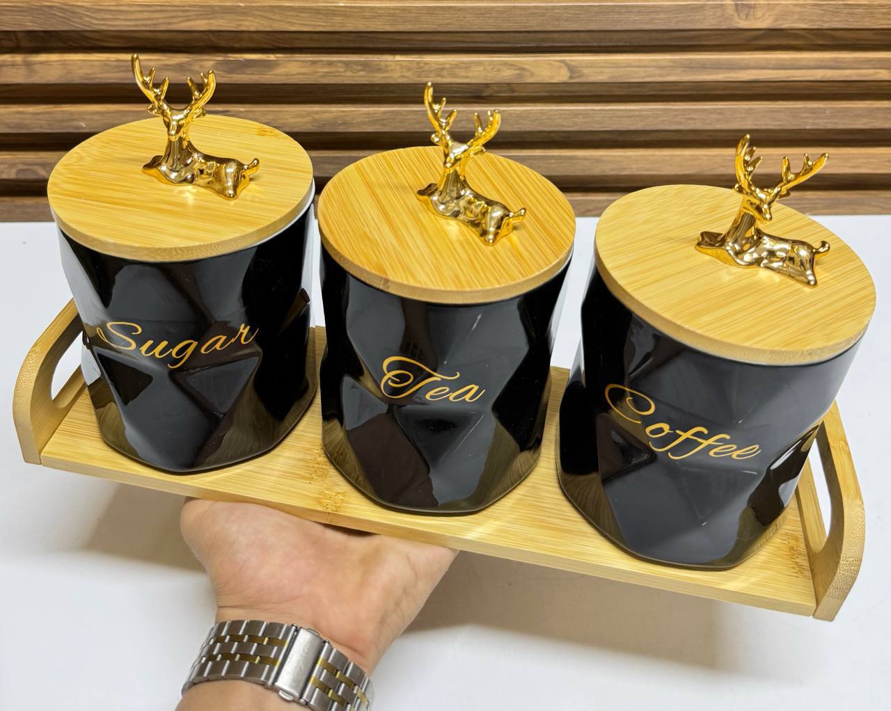 Trio de Bocaux de Cuisine en Céramique avec Couvercles Cerf Doré