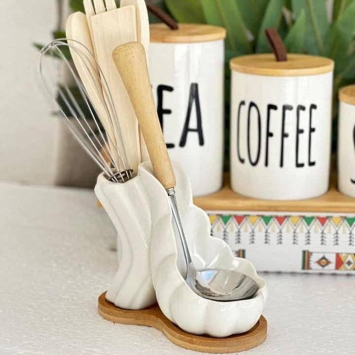 Support d'Ustensiles de Cuisine Design Vague avec Base en Bois