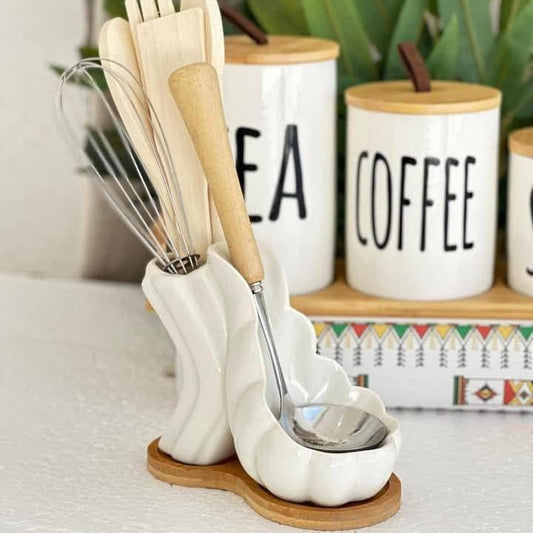Support d'Ustensiles de Cuisine Design Vague avec Base en Bois