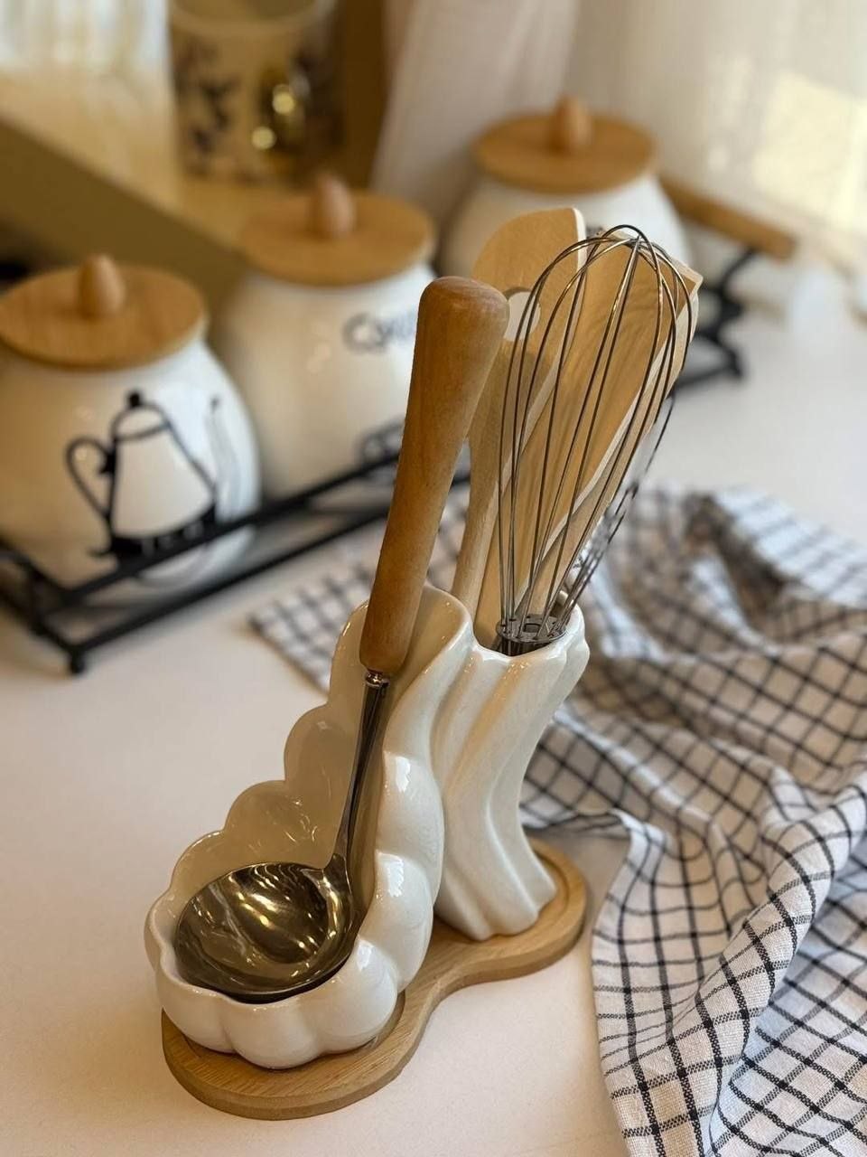 Support d'Ustensiles de Cuisine Design Vague avec Base en Bois