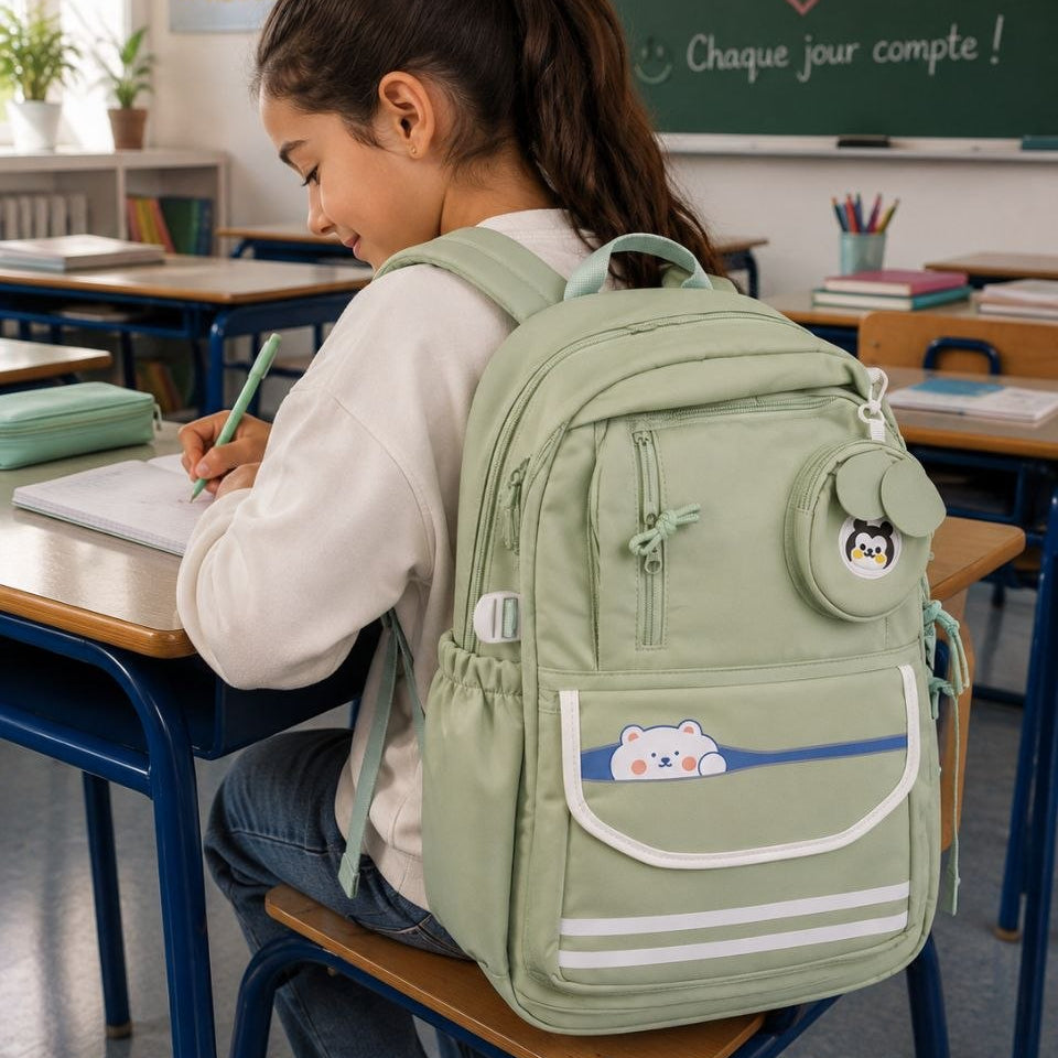Sac à Dos Scolaire Kawaii Rose – Cartable Ergonomique avec Mini Trousse Ours