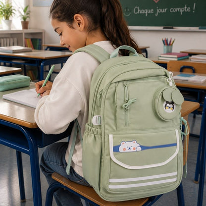 Sac à Dos Scolaire Kawaii Rose – Cartable Ergonomique avec Mini Trousse Ours