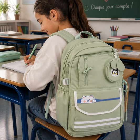 Sac à Dos Scolaire Kawaii Rose – Cartable Ergonomique avec Mini Trousse Ours