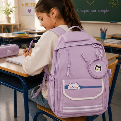 Sac à Dos Scolaire Kawaii Rose – Cartable Ergonomique avec Mini Trousse Ours