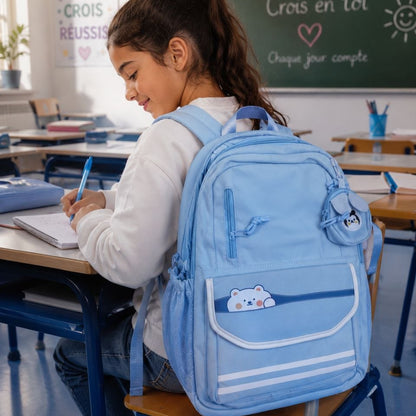 Sac à Dos Scolaire Kawaii Rose – Cartable Ergonomique avec Mini Trousse Ours