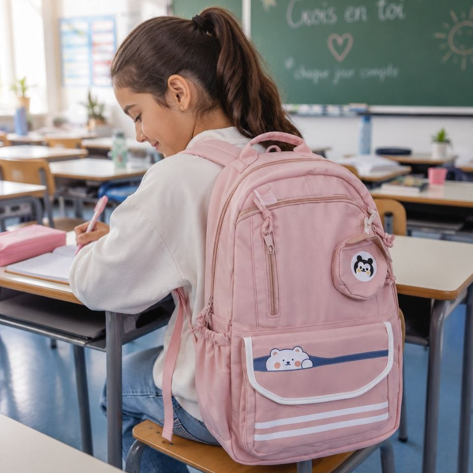 Sac à Dos Scolaire Kawaii Rose – Cartable Ergonomique avec Mini Trousse Ours