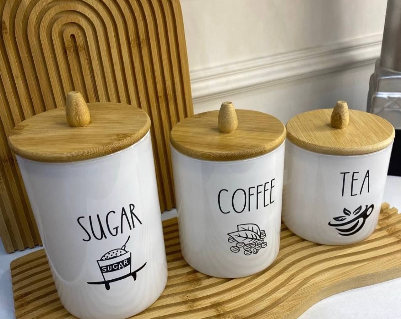 Ensemble Organisateur Café, Thé, Sucre avec Couvercles en Bambou