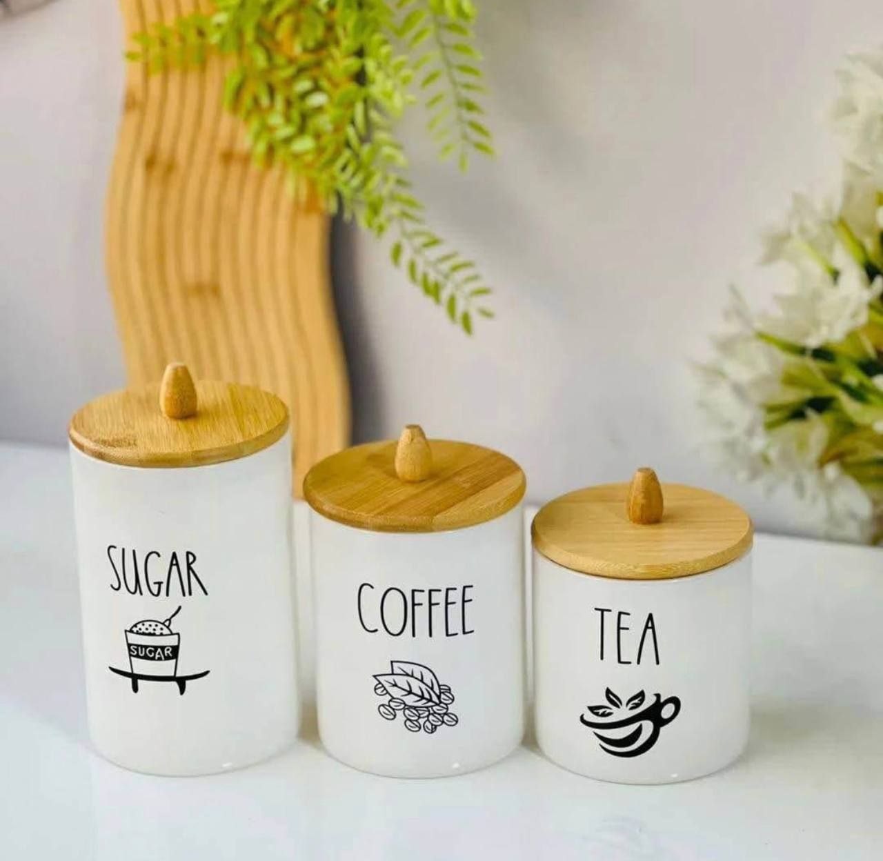 Ensemble Organisateur Café, Thé, Sucre avec Couvercles en Bambou