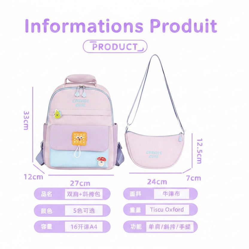 Ensemble Sac à Dos Scolaire et Sac Bandoulière Kawaii – Pack de 2 Sacs d'École Légers