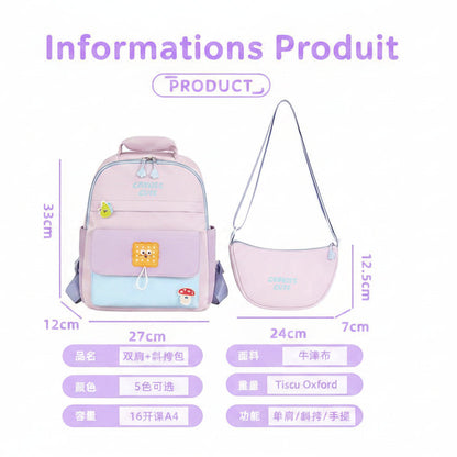 Ensemble Sac à Dos Scolaire et Sac Bandoulière Kawaii – Pack de 2 Sacs d'École Légers