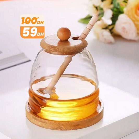 Pot à Miel en Verre 400 ml avec Couvercle & Cuillère en Bois