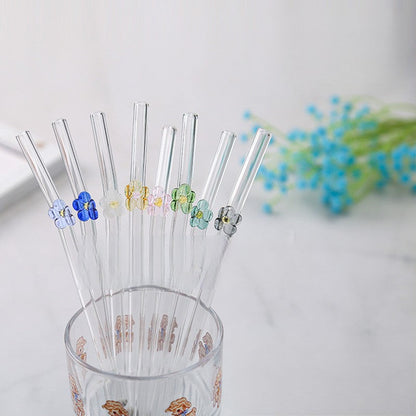 6 Pailles Réutilisables en Verre Borosilicate – Collection Fleur